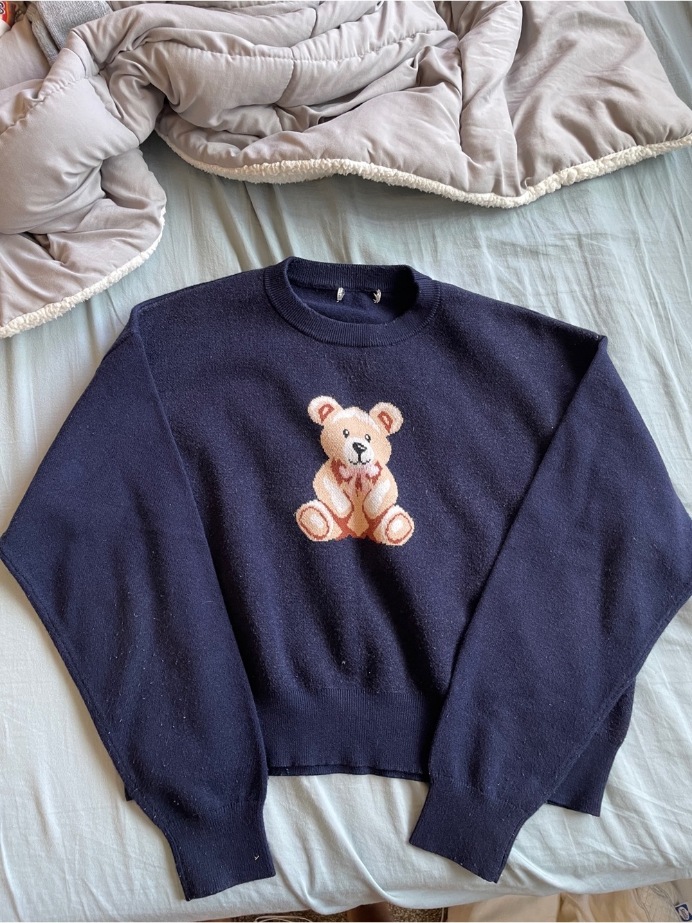 Women's Navy Crewneck Sweater with Teddy Bear Motif